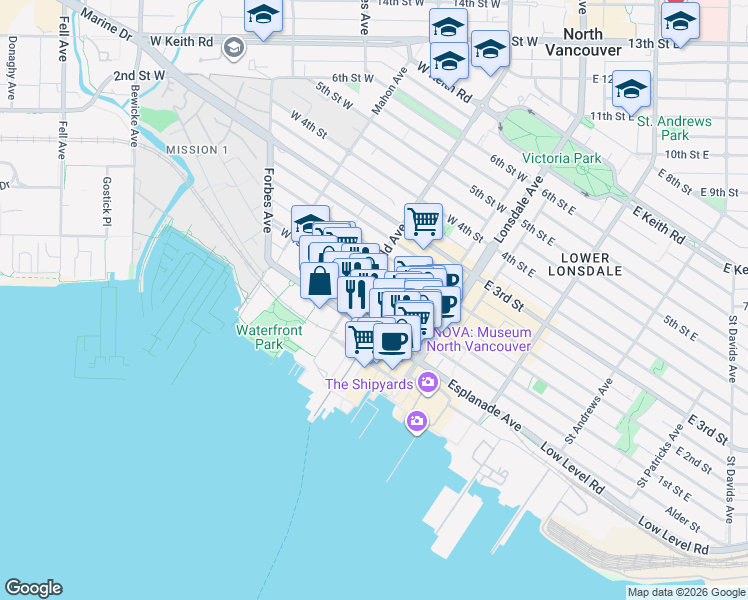 map of restaurants, bars, coffee shops, grocery stores, and more near 175 West 1st Street in North Vancouver