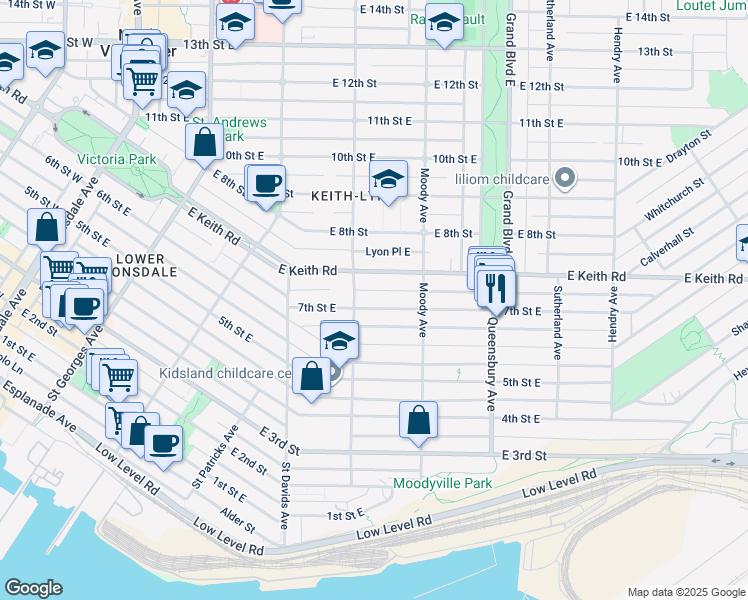 map of restaurants, bars, coffee shops, grocery stores, and more near 518 7th Street East in North Vancouver