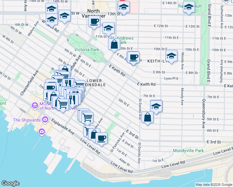 map of restaurants, bars, coffee shops, grocery stores, and more near 5th Street East in North Vancouver