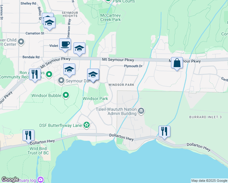 map of restaurants, bars, coffee shops, grocery stores, and more near 814 Plymouth Drive in North Vancouver