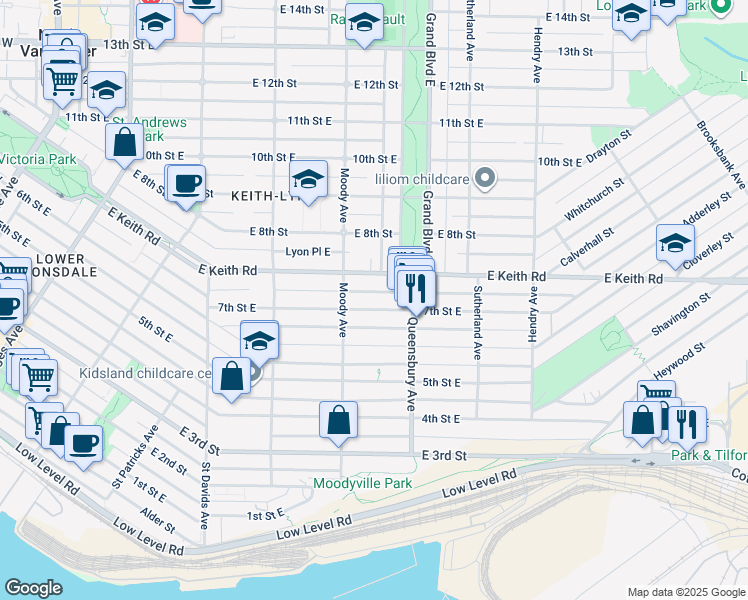 map of restaurants, bars, coffee shops, grocery stores, and more near 628 7th Street East in North Vancouver