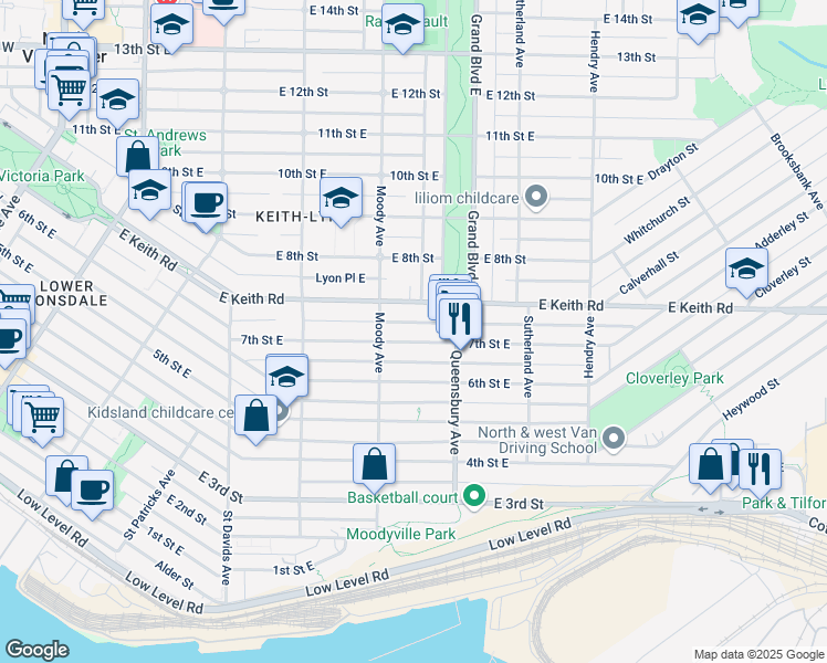 map of restaurants, bars, coffee shops, grocery stores, and more near 628 7th Street East in North Vancouver