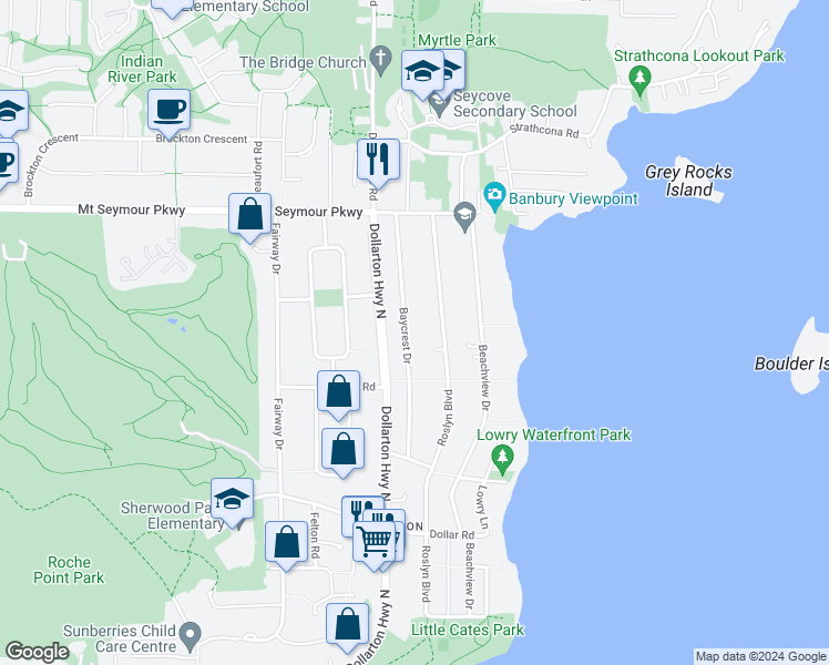map of restaurants, bars, coffee shops, grocery stores, and more near 790 Baycrest Drive in North Vancouver