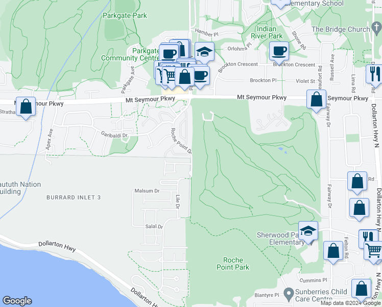 map of restaurants, bars, coffee shops, grocery stores, and more near 812 Roche Point Drive in North Vancouver