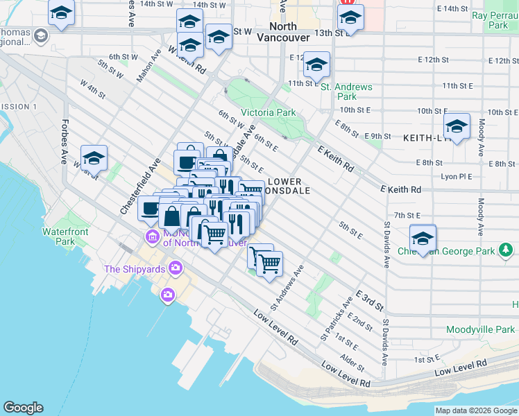 map of restaurants, bars, coffee shops, grocery stores, and more near in North Vancouver