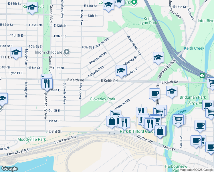 map of restaurants, bars, coffee shops, grocery stores, and more near 1018 Cloverley Street in North Vancouver