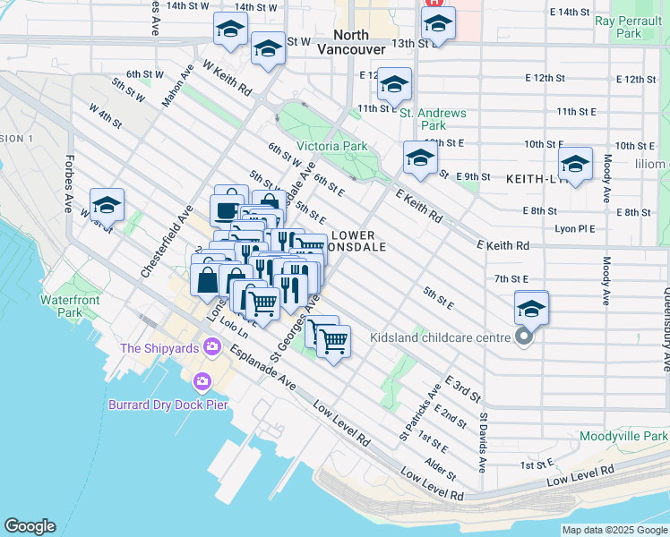 map of restaurants, bars, coffee shops, grocery stores, and more near 204 4th Street East in North Vancouver