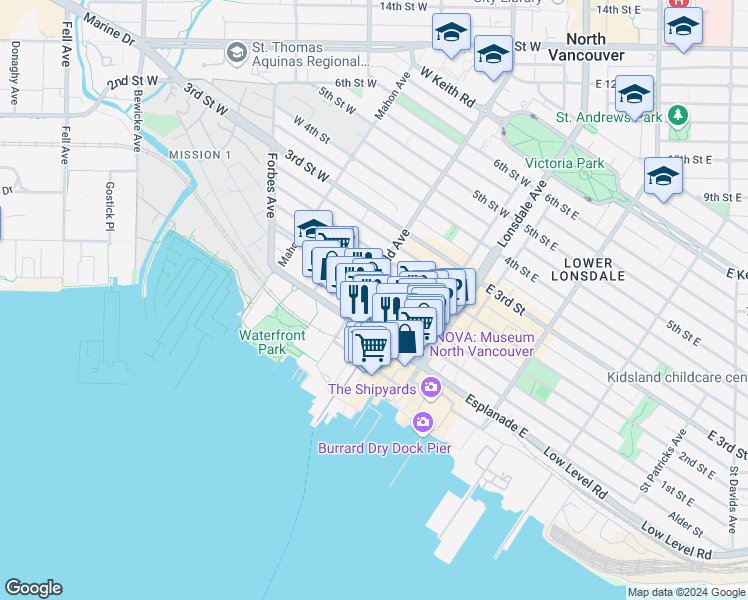 map of restaurants, bars, coffee shops, grocery stores, and more near in North Vancouver
