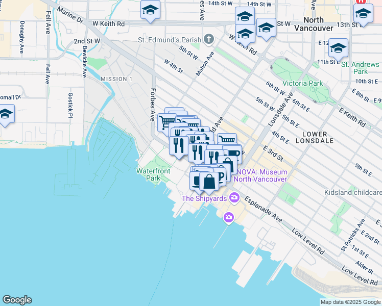 map of restaurants, bars, coffee shops, grocery stores, and more near in North Vancouver