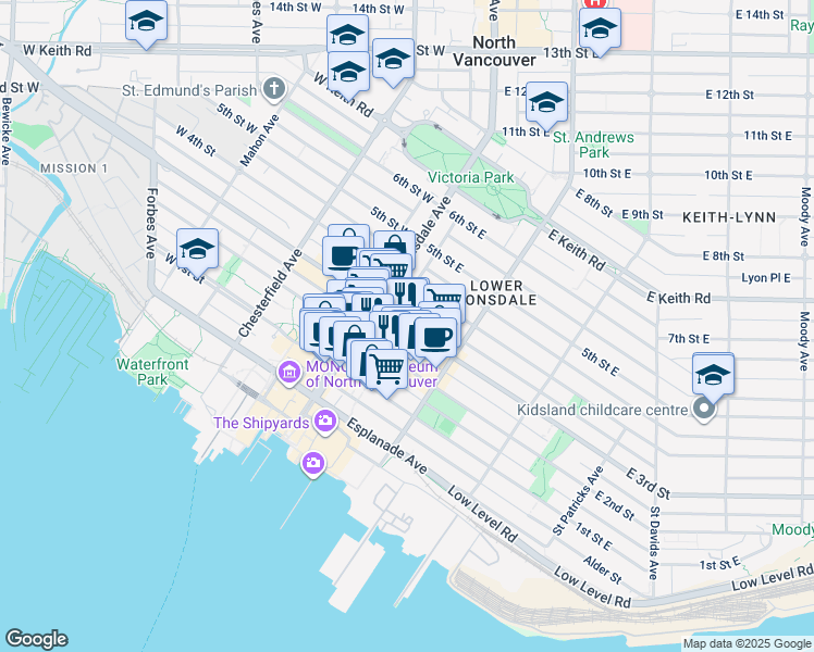 map of restaurants, bars, coffee shops, grocery stores, and more near 131 East 3rd Street in North Vancouver