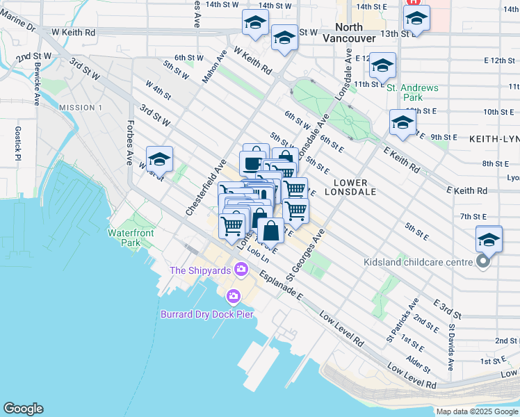 map of restaurants, bars, coffee shops, grocery stores, and more near 203 Lonsdale Avenue in North Vancouver
