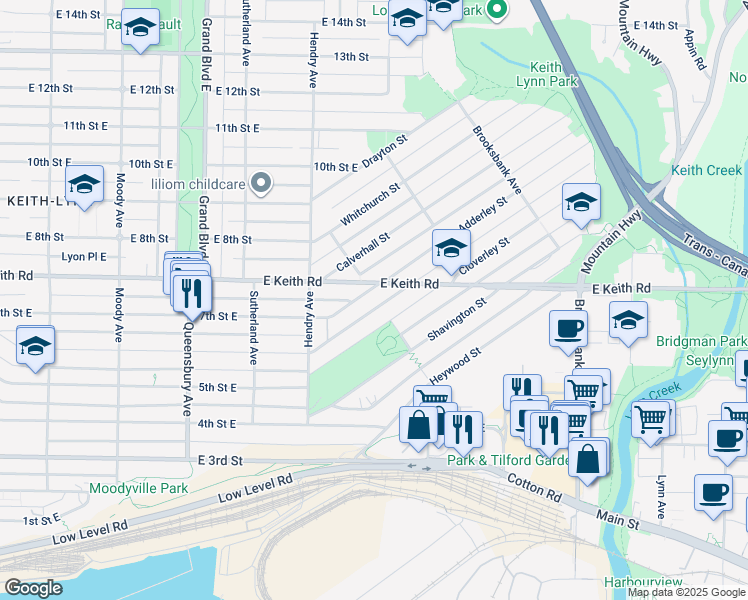 map of restaurants, bars, coffee shops, grocery stores, and more near 971 Adderley Street in North Vancouver