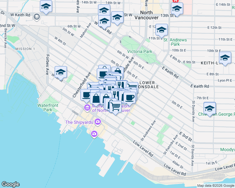 map of restaurants, bars, coffee shops, grocery stores, and more near in North Vancouver