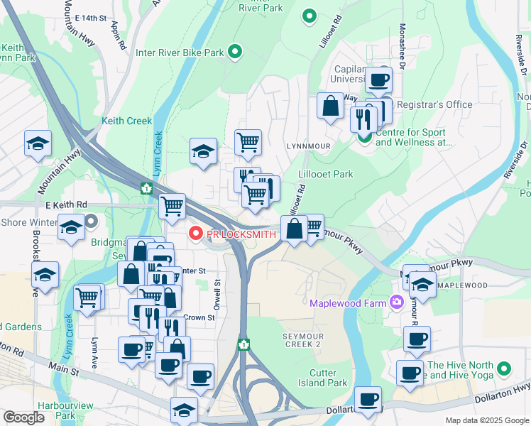 map of restaurants, bars, coffee shops, grocery stores, and more near 720 Old Lillooet Road in North Vancouver