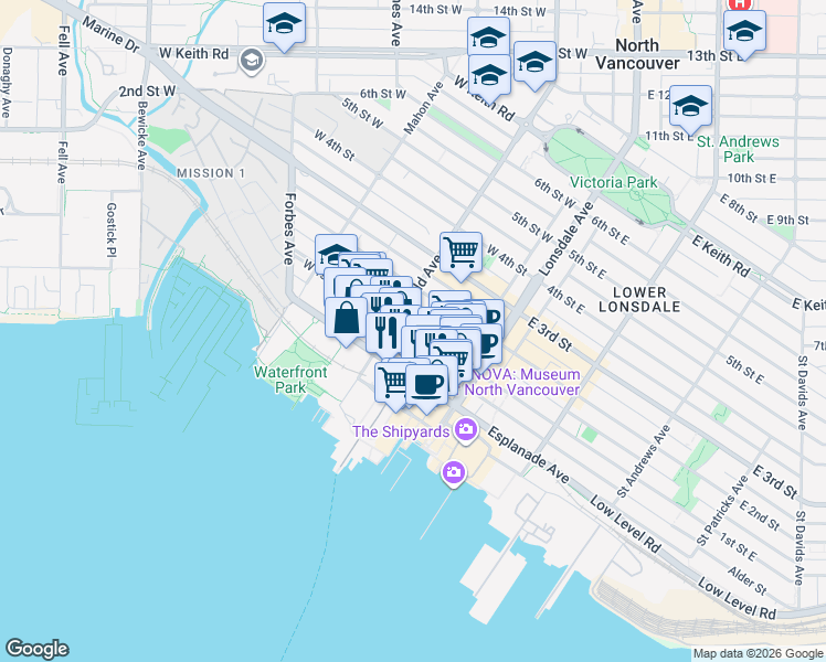 map of restaurants, bars, coffee shops, grocery stores, and more near 168 West 1st Street in North Vancouver