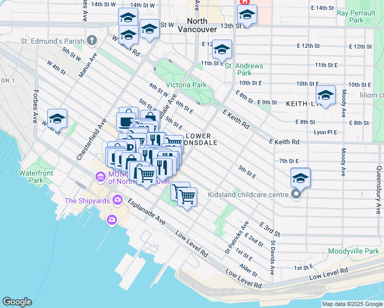 map of restaurants, bars, coffee shops, grocery stores, and more near 204 4th Street East in North Vancouver