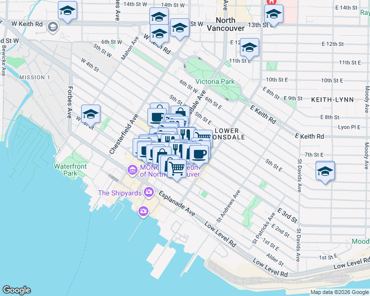 map of restaurants, bars, coffee shops, grocery stores, and more near 122 East 3rd Street in North Vancouver