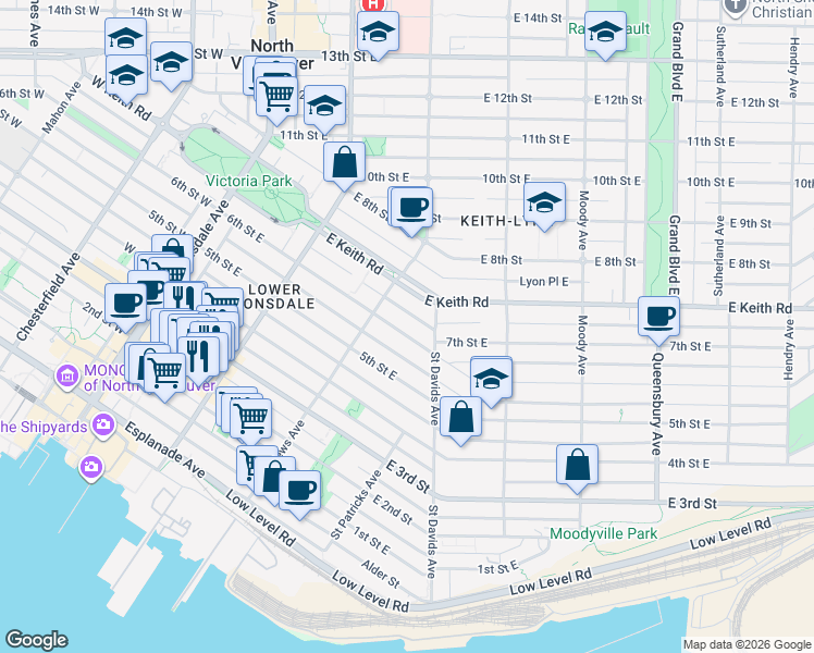 map of restaurants, bars, coffee shops, grocery stores, and more near 332 6th Street East in North Vancouver