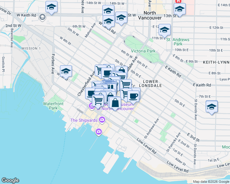 map of restaurants, bars, coffee shops, grocery stores, and more near 220 Lonsdale Avenue in North Vancouver