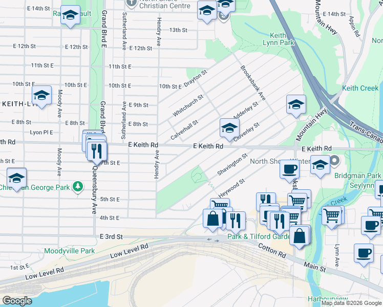 map of restaurants, bars, coffee shops, grocery stores, and more near 973 Adderley Street in North Vancouver