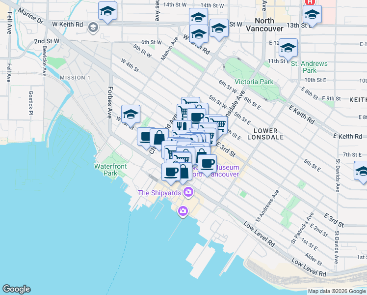 map of restaurants, bars, coffee shops, grocery stores, and more near in North Vancouver