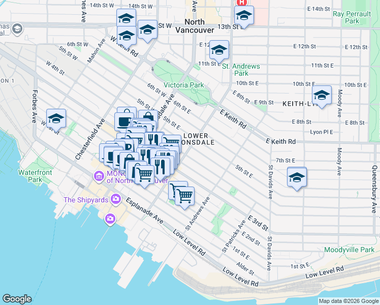 map of restaurants, bars, coffee shops, grocery stores, and more near 416 Saint Georges Avenue in North Vancouver