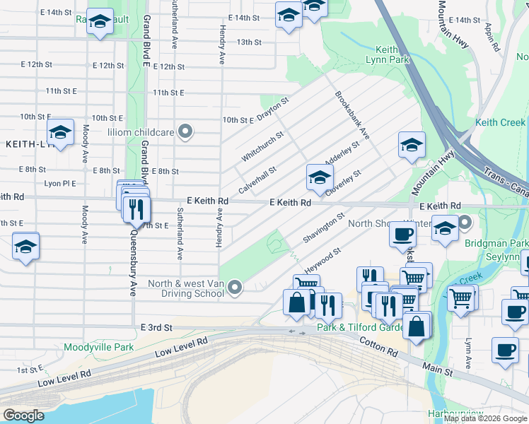 map of restaurants, bars, coffee shops, grocery stores, and more near 973 Adderley Street in North Vancouver