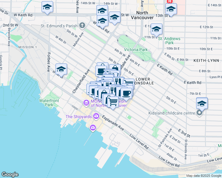 map of restaurants, bars, coffee shops, grocery stores, and more near 111 East 3rd Street in North Vancouver