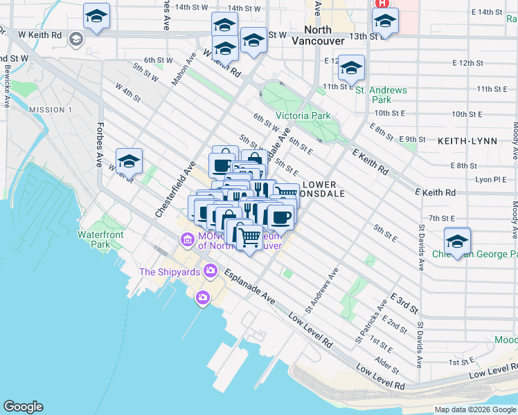 map of restaurants, bars, coffee shops, grocery stores, and more near 111 East 3rd Street in North Vancouver