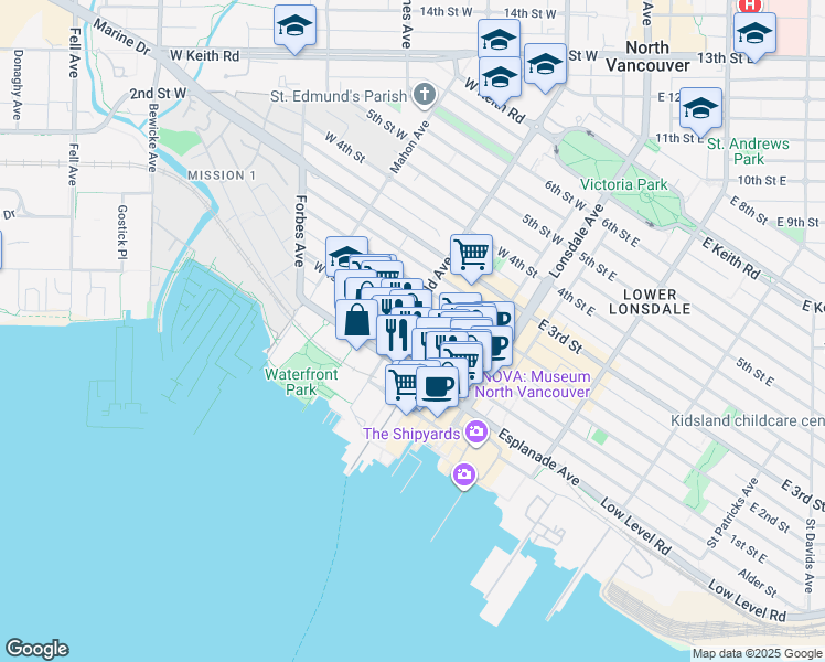 map of restaurants, bars, coffee shops, grocery stores, and more near 175 West 1st Street in North Vancouver