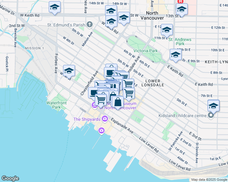 map of restaurants, bars, coffee shops, grocery stores, and more near 205 Lonsdale Avenue in North Vancouver