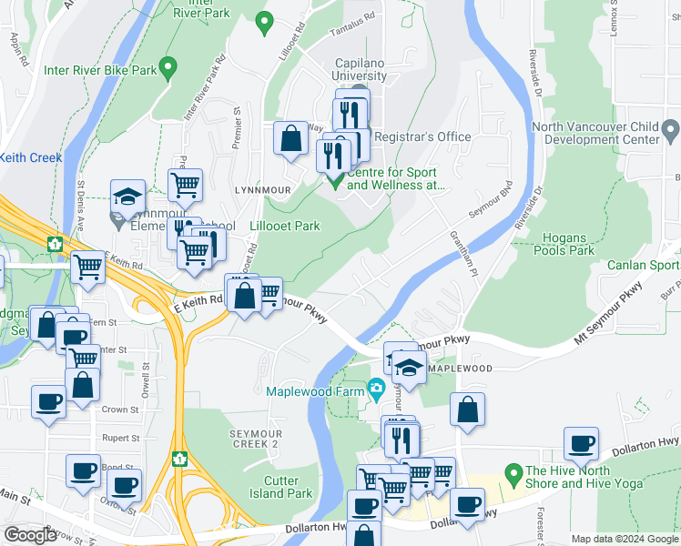 map of restaurants, bars, coffee shops, grocery stores, and more near 621 Seymour Court in North Vancouver