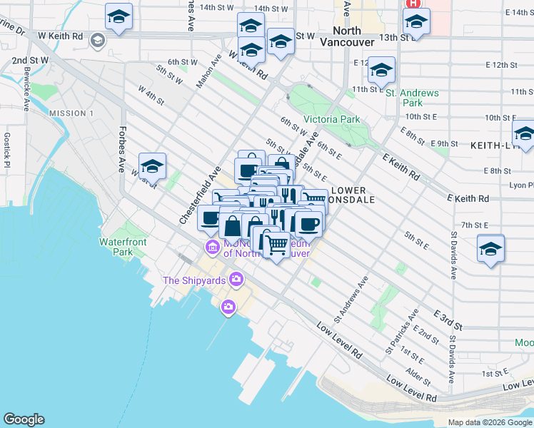 map of restaurants, bars, coffee shops, grocery stores, and more near 228 Lonsdale Avenue in North Vancouver