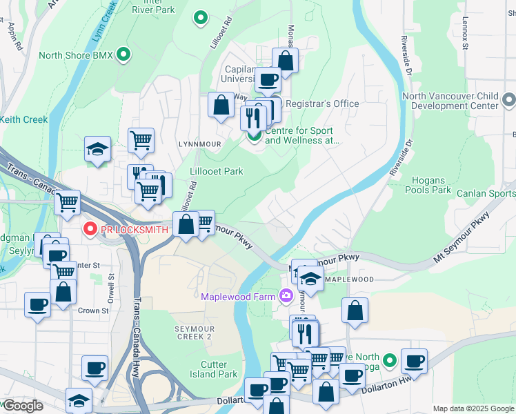 map of restaurants, bars, coffee shops, grocery stores, and more near 621 Seymour Court in North Vancouver