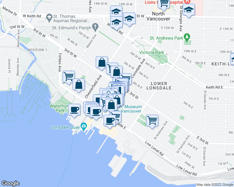 map of restaurants, bars, coffee shops, grocery stores, and more near 108 2nd Street West in North Vancouver