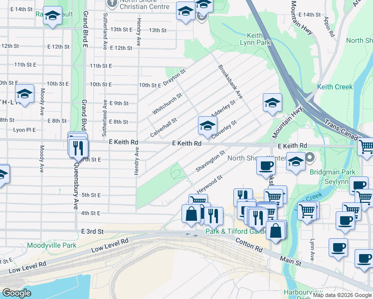 map of restaurants, bars, coffee shops, grocery stores, and more near 1028 Cloverley Street in North Vancouver
