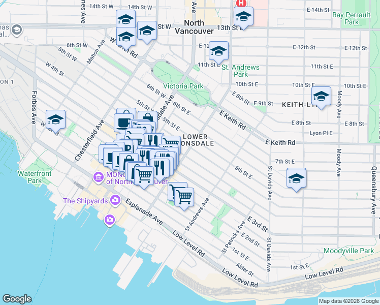 map of restaurants, bars, coffee shops, grocery stores, and more near 416 Saint Georges Avenue in North Vancouver