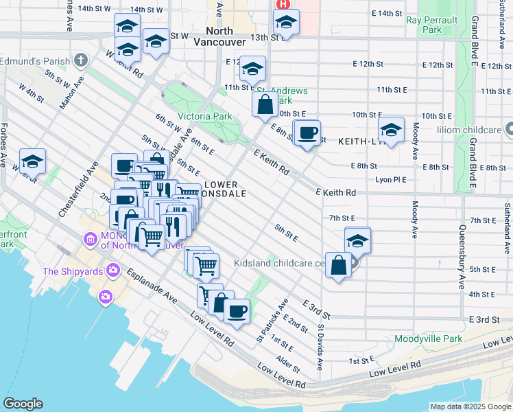 map of restaurants, bars, coffee shops, grocery stores, and more near 244 5th Street East in North Vancouver