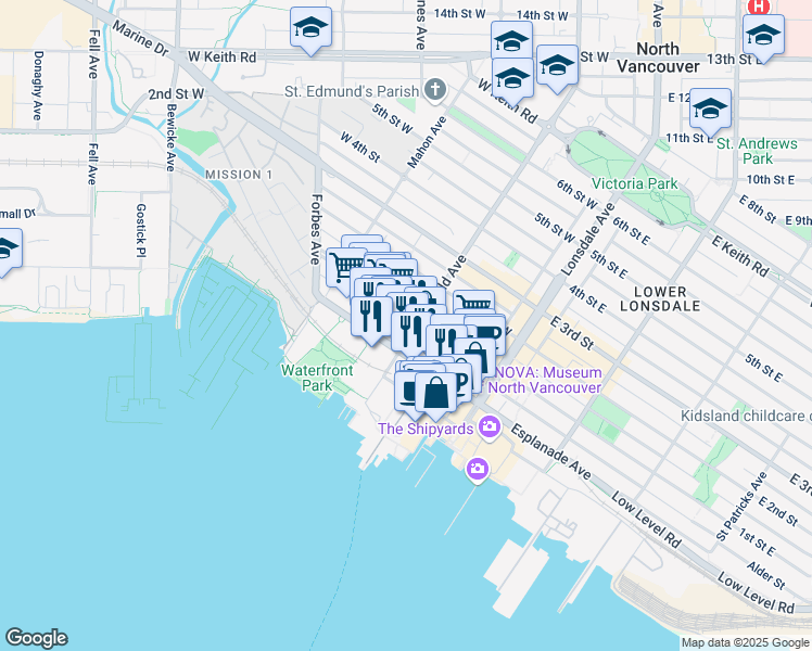 map of restaurants, bars, coffee shops, grocery stores, and more near in North Vancouver
