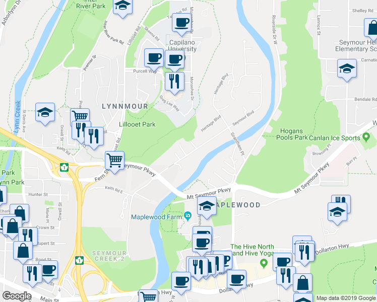 map of restaurants, bars, coffee shops, grocery stores, and more near 687 Seymour Boulevard in North Vancouver