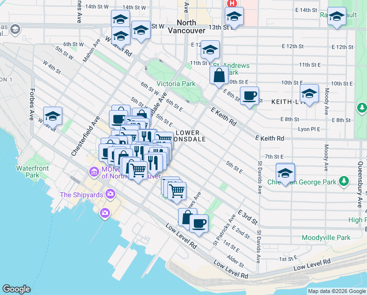 map of restaurants, bars, coffee shops, grocery stores, and more near 416 Saint Georges Avenue in North Vancouver