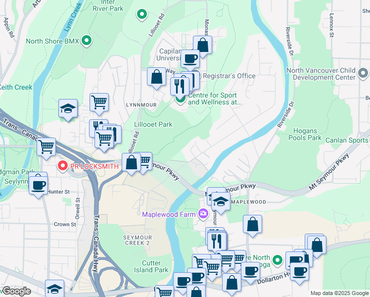 map of restaurants, bars, coffee shops, grocery stores, and more near 625 Seymour Court in North Vancouver