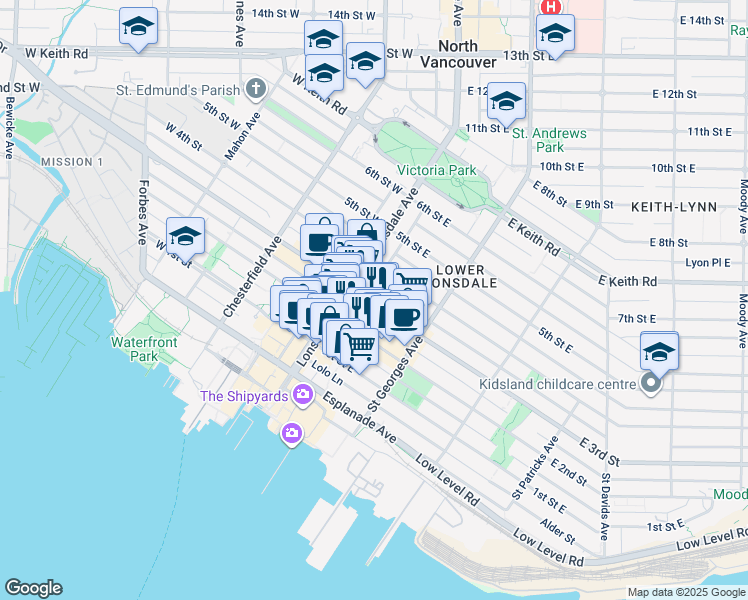 map of restaurants, bars, coffee shops, grocery stores, and more near in North Vancouver