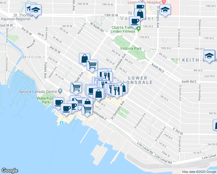 map of restaurants, bars, coffee shops, grocery stores, and more near in North Vancouver