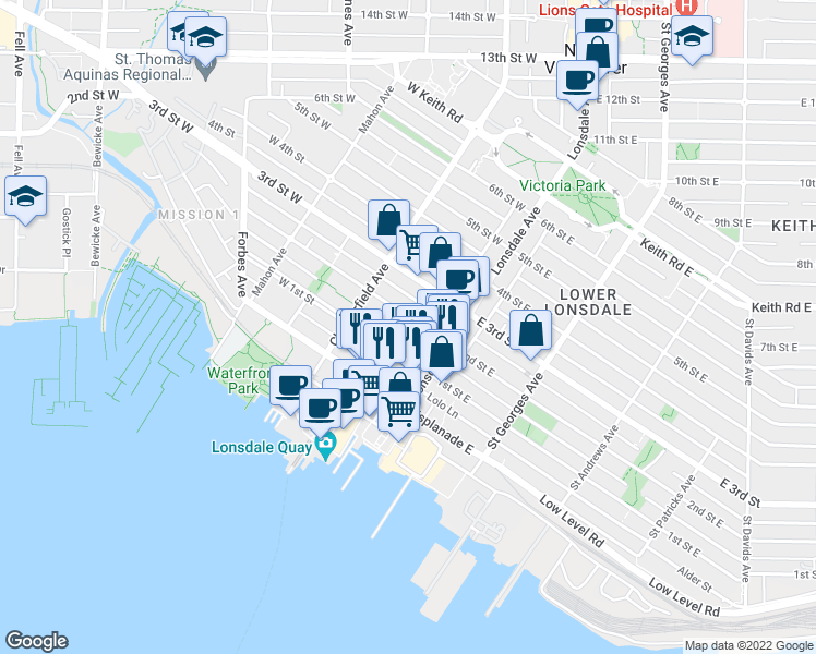 map of restaurants, bars, coffee shops, grocery stores, and more near in North Vancouver