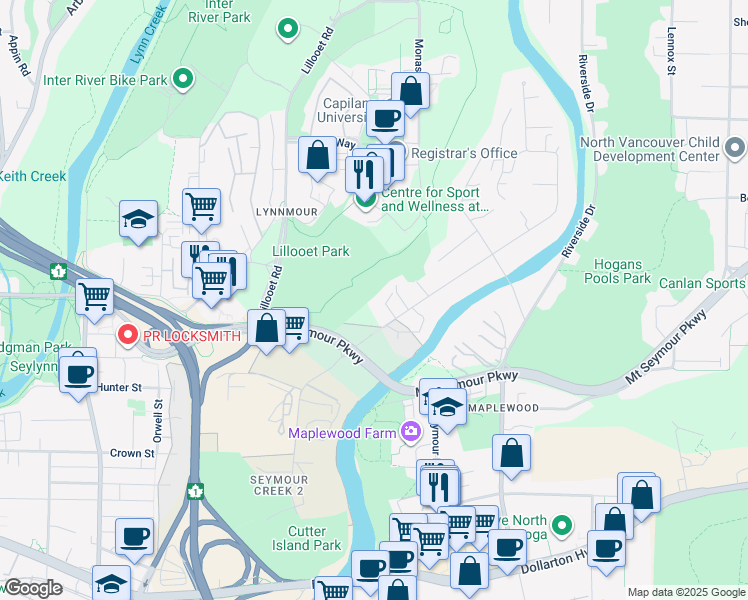 map of restaurants, bars, coffee shops, grocery stores, and more near 625 Seymour Court in North Vancouver