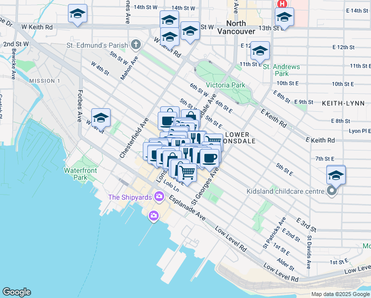 map of restaurants, bars, coffee shops, grocery stores, and more near 111 East 3rd Street in North Vancouver