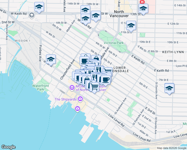 map of restaurants, bars, coffee shops, grocery stores, and more near 111 East 3rd Street in North Vancouver