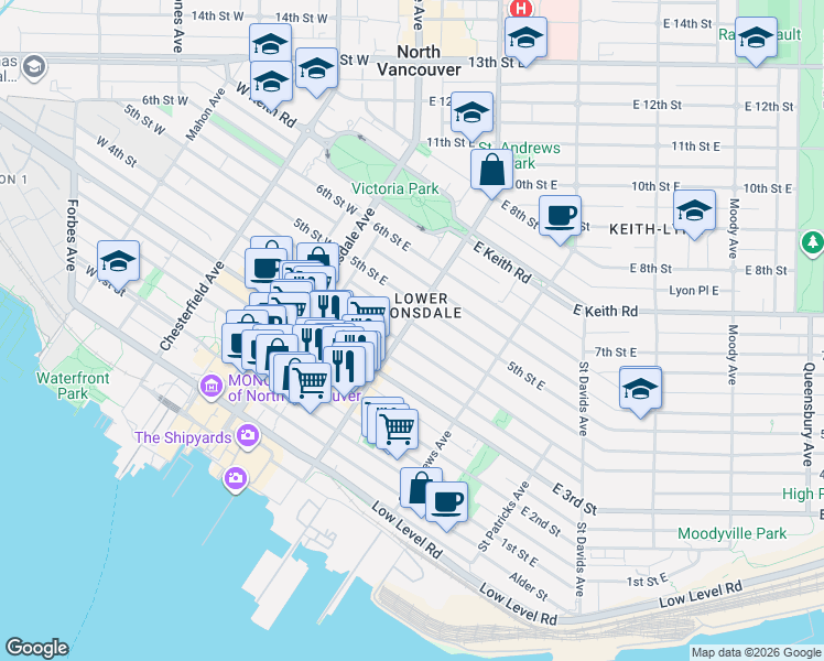 map of restaurants, bars, coffee shops, grocery stores, and more near 416 Saint Georges Avenue in North Vancouver