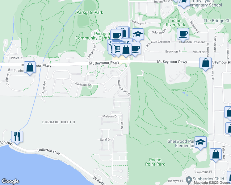 map of restaurants, bars, coffee shops, grocery stores, and more near 845 Roche Point Drive in North Vancouver